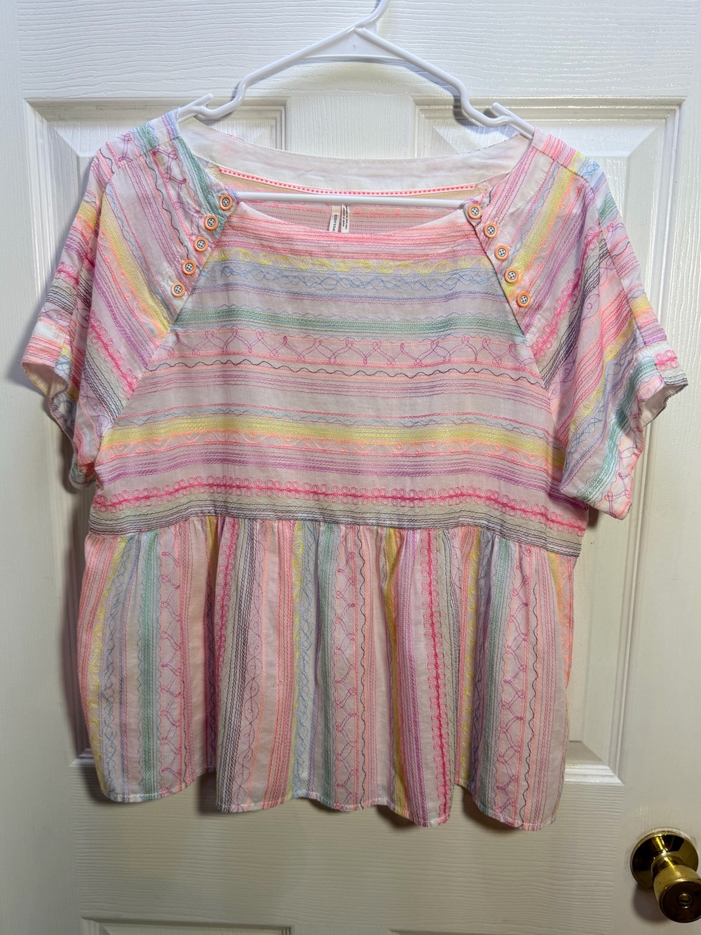 Anthropologie Pastel Striped Short-Sleeve Peplum Top - Pink, Yellow & Mint